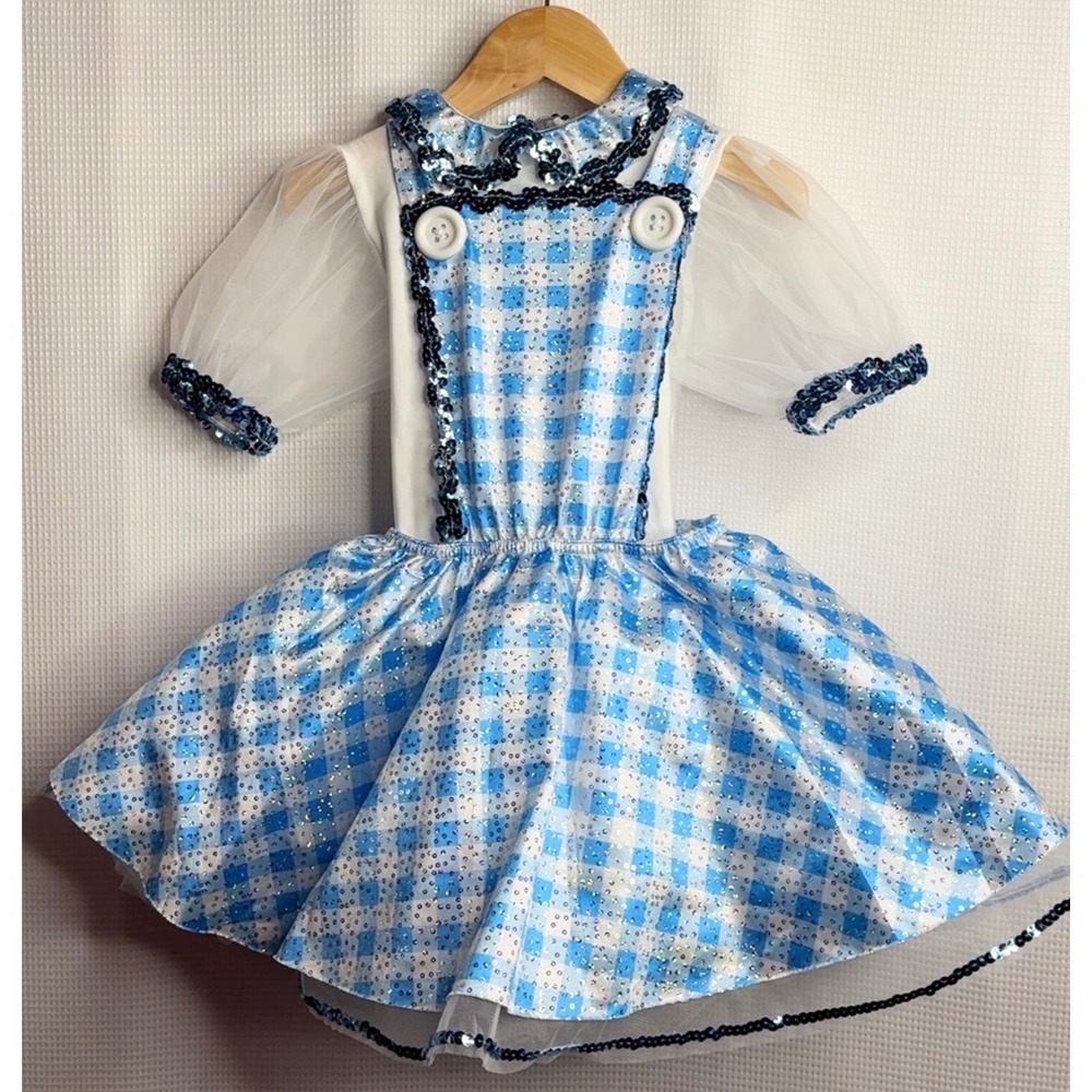 Dorothy Wizard of Oz Dance Costume Halloween Blue Gingham Sequin Girls 5-6 Years